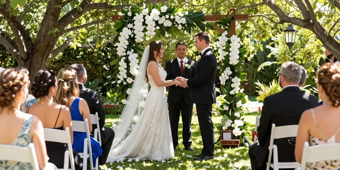 Couple exchanging vows in a garden wedding, showcasing a stunning diamond wedding ring.