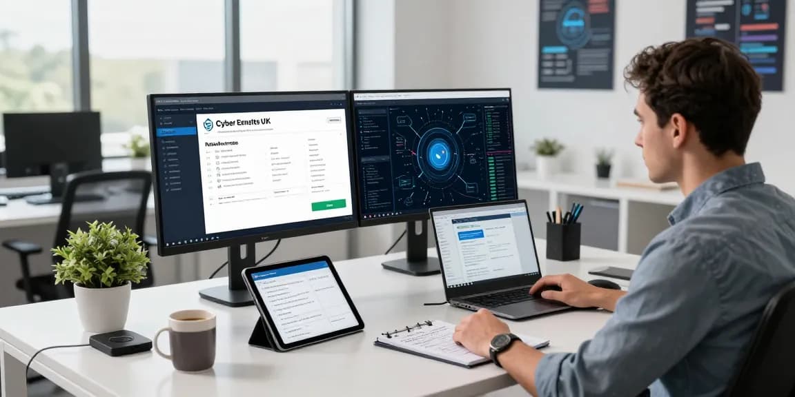 Cyber Essentials UK certification workspace with technician analyzing cybersecurity metrics on dual monitors and compliance tools.