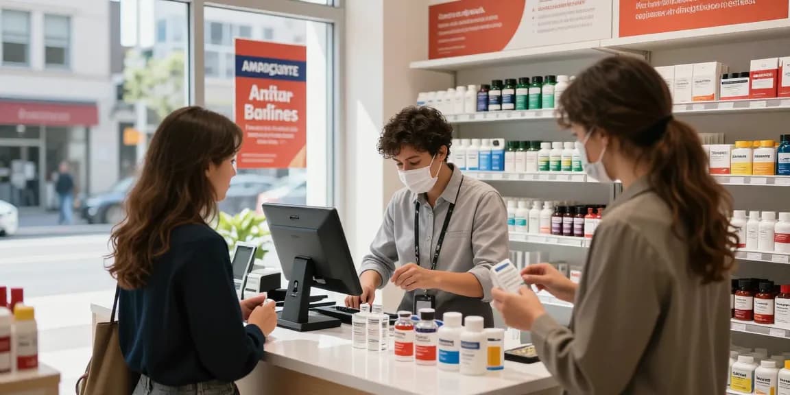 Customer interaction in an amphetamine shop with quality products displayed.