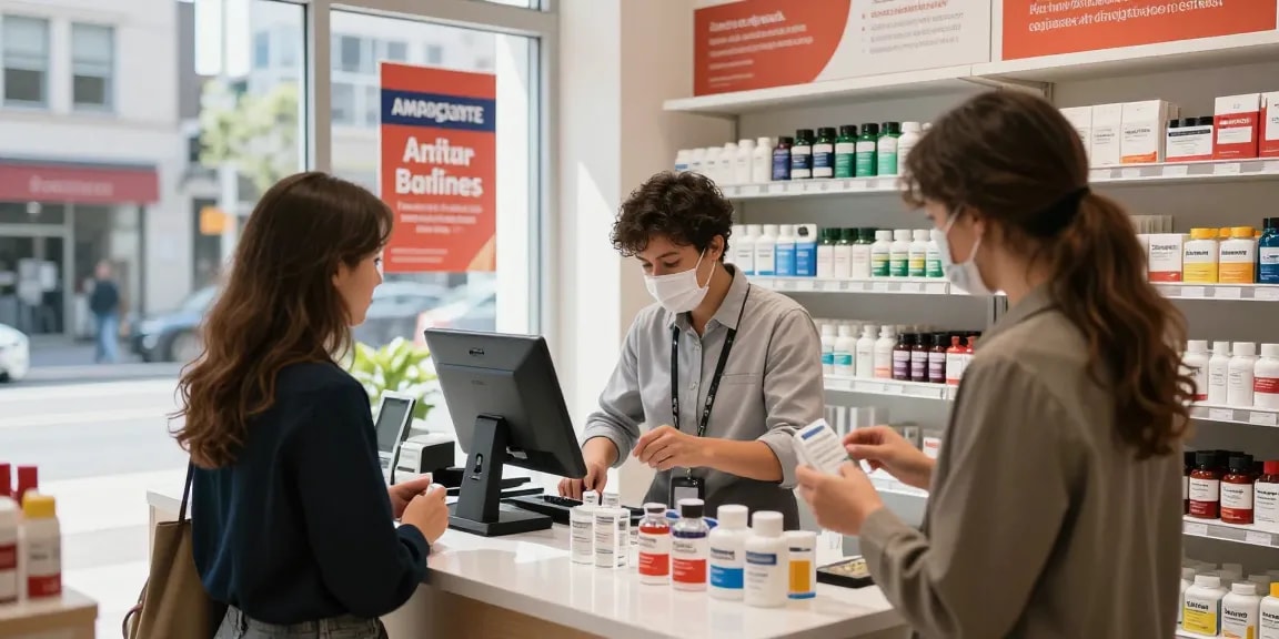 Customer interaction in an amphetamine shop with quality products displayed.