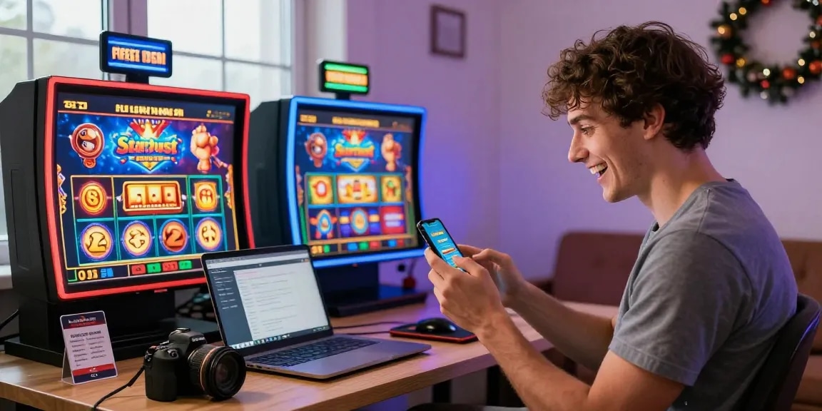 Excited player claiming free spins on registration UK in a vibrant home office, showcasing popular slot games and a responsible gambling focus.