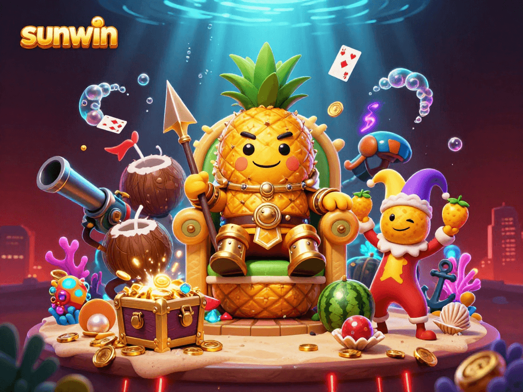 Experience fun moments at sunwin with a 3D cartoon pineapple king in a vibrant casino scene.