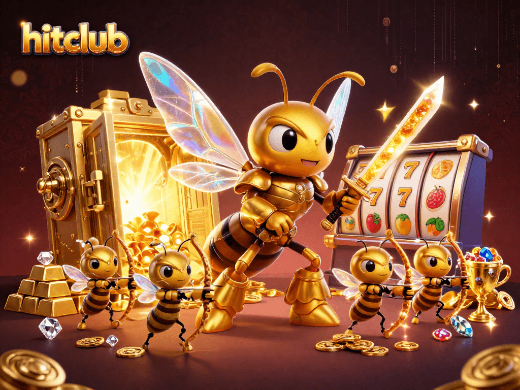 Hitclub showcases a vibrant slot scene with a golden hornet and treasure overflowing from a vault.