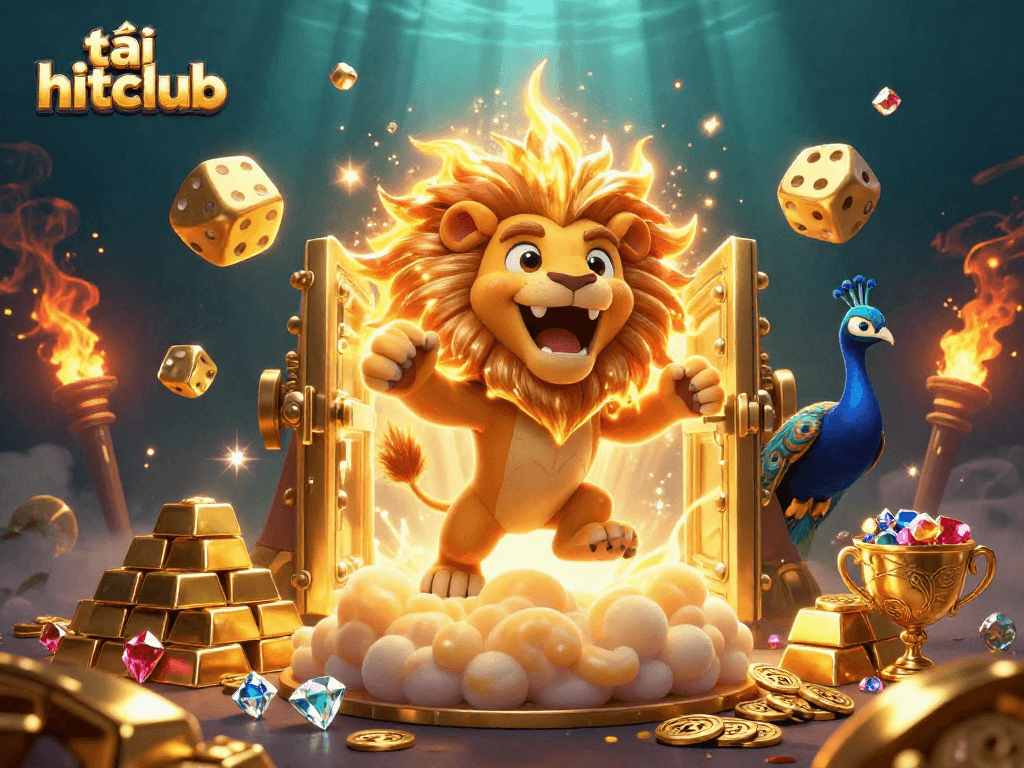 Engage in thrilling gameplay with tải hitclub, a vibrant 3D casino visual featuring dynamic characters and rich golden elements.