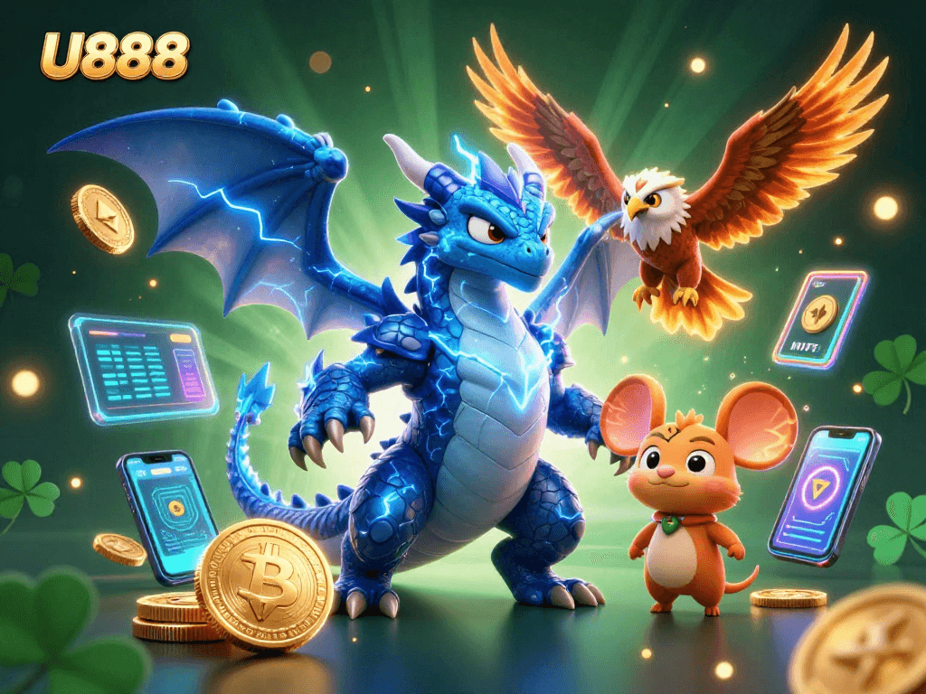 Experience U888 with exciting characters and vibrant gaming elements in a stunning 3D scene.