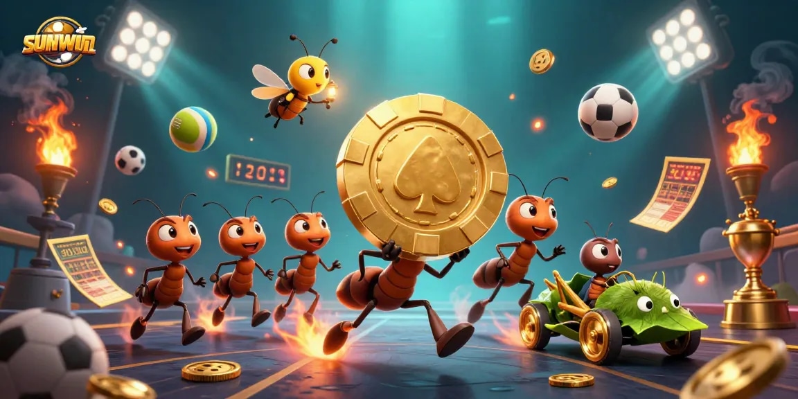 Join the sunwin heist with dynamic ants and sports elements in a vivid scene.