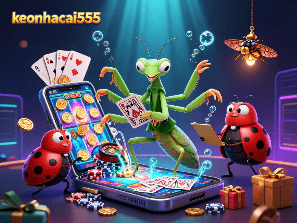 Join keonhacai555's lively casino scene with a giant mantis card sharp entertaining players.