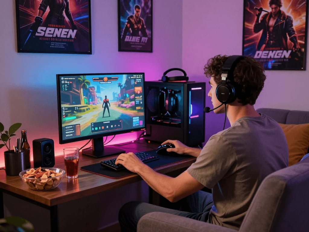Immersive sex game scene in a cozy gaming environment with character, monitor, and accessories.