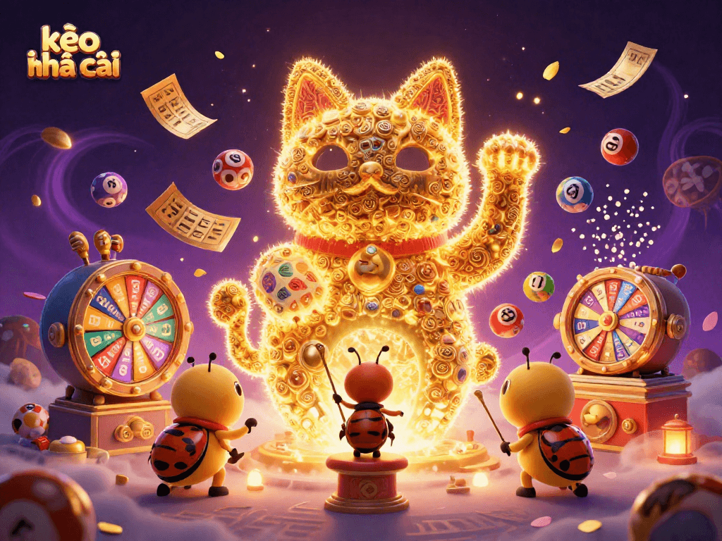 Experience the excitement of kèo nhà cái with a vibrant illustration of a lucky cat and colorful games.