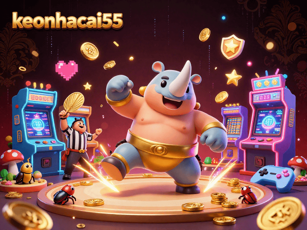 Join the exciting action at keonhacai55 with a beetle sumo champion amid golden coins flying!