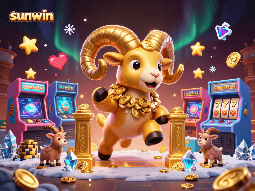 Experience the excitement of sunwin casino with vibrant 3D slot elements and golden ram character.