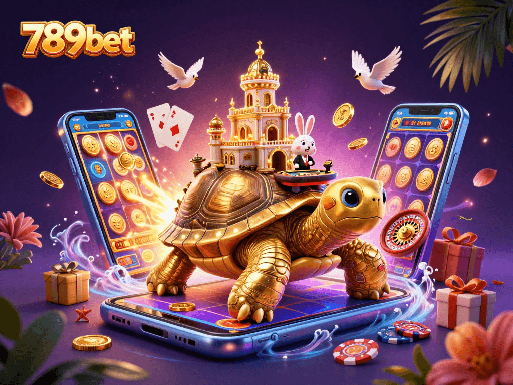 Experience the thrill of gaming with 789bet, featuring a 3D tortoise casino and vibrant slot reels.