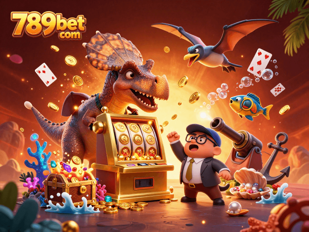 Experience thrill at 789bet com with a pachycephalosaurus, slot machine, and coins flying in a casino adventure.