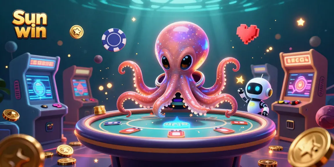 Experience the thrill of Sun win with an octopus managing a holographic poker table in a vibrant cosmic setting.