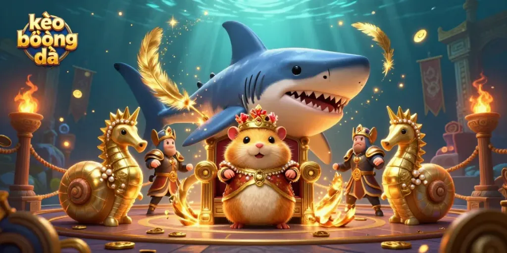 Bettors analyze kèo bóng đá odds in a vibrant underwater kingdom of a fierce hamster king surrounded by loyal guards and treasures.