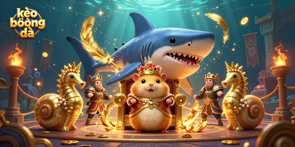Bettors analyze kèo bóng đá odds in a vibrant underwater kingdom of a fierce hamster king surrounded by loyal guards and treasures.