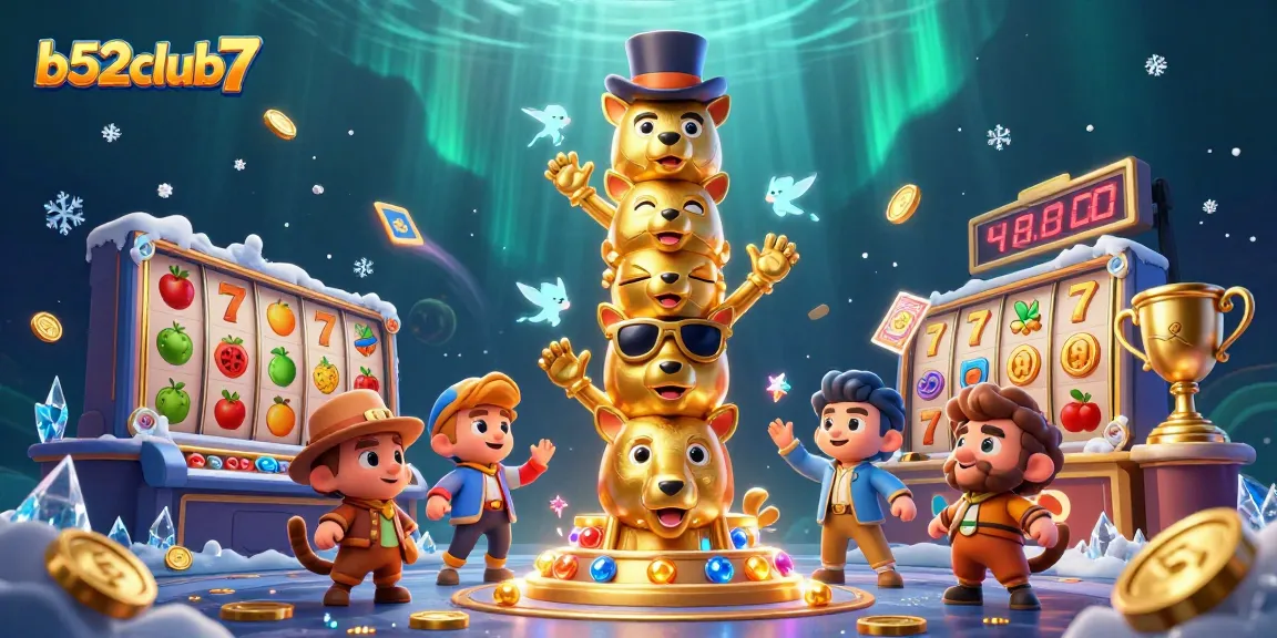Play at b52club7 with excitement around a vibrant slot machine scene filled with dynamic casino elements.
