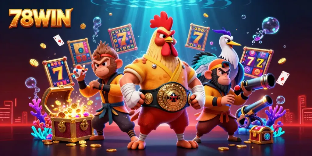 Experience thrilling slots at 78WIN with vibrant characters and dynamic game elements in a captivating scene.