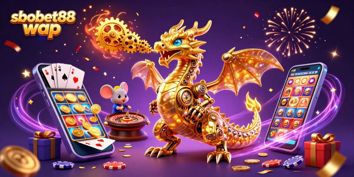 Engage in sbobet88 wap sports betting with vibrant visuals of games and riches exploding around a golden dragon.