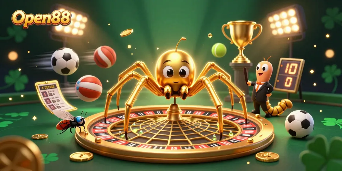 Open88 features a dynamic 3D illustration of a spider, croupier, and betting scene showcasing exciting casino gaming.