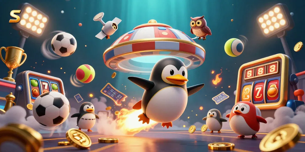 S8 casino illustration featuring a golden penguin and poker chip space station amidst sports elements and slot game symbols.