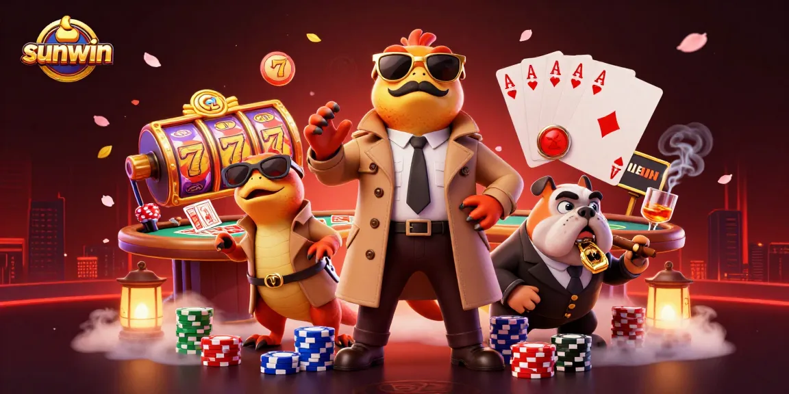 Win big at sunwin's vibrant casino with raptors, poker chips, and game elements in a lively atmosphere.