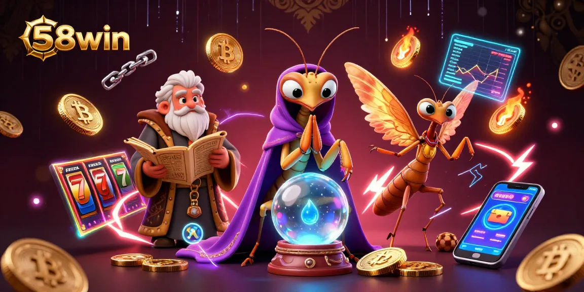 Join the excitement at 58win with slots and jackpots, illustrated by vibrant characters.