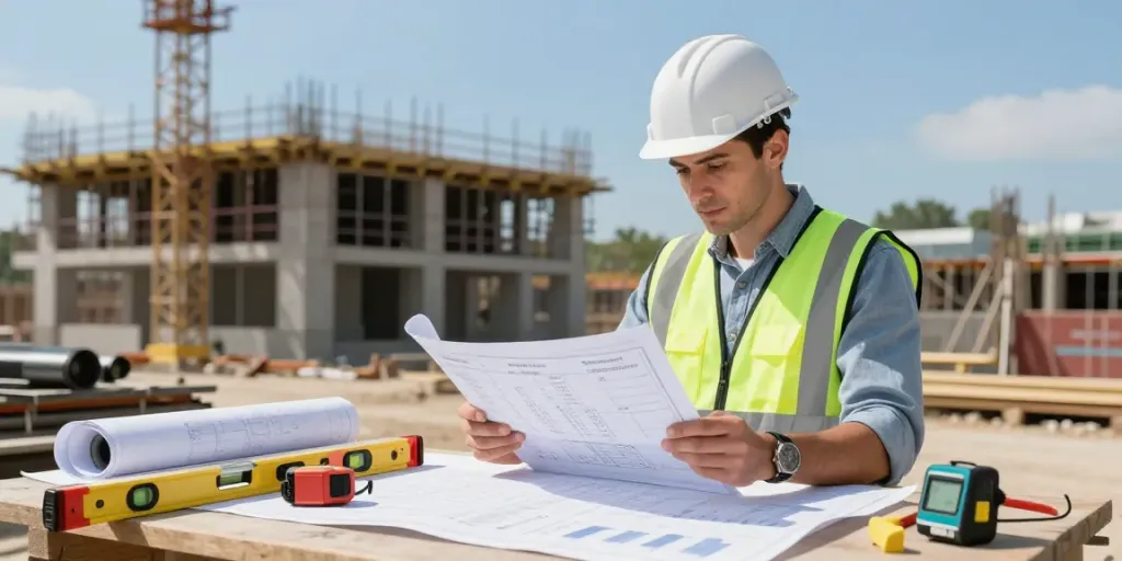 Skilled Quantity Surveyor reviewing construction estimating services on site with blueprints.