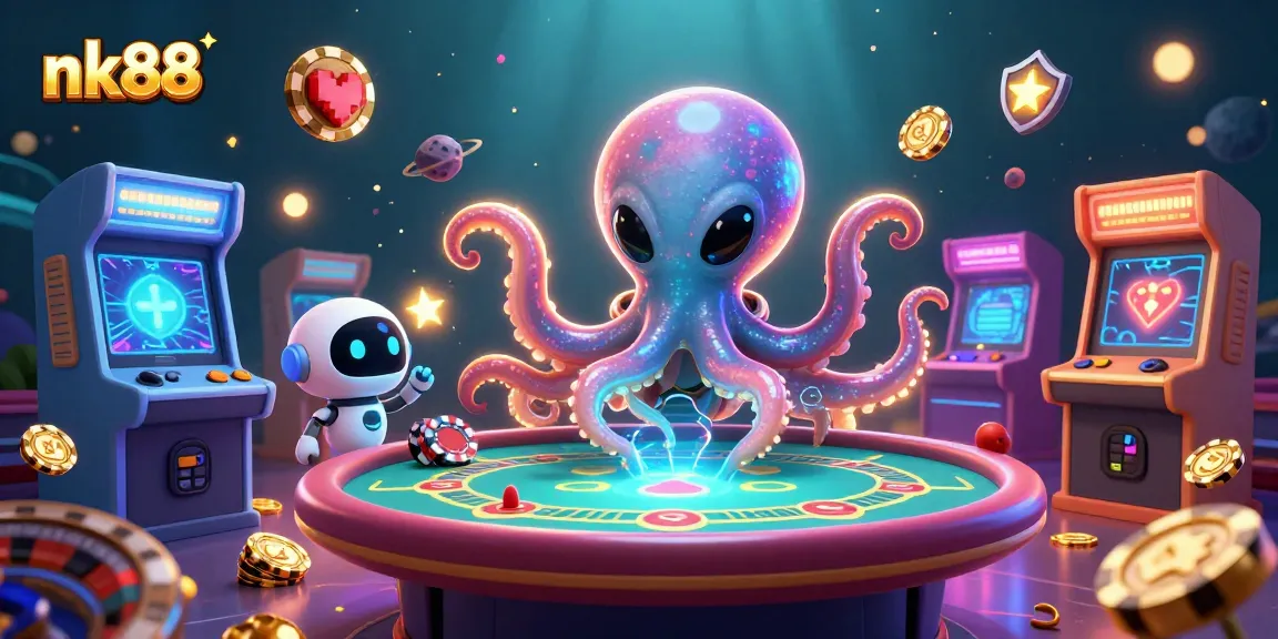 Engage with the vibrant nk88 casino scene featuring an alien octopus and poker elements!