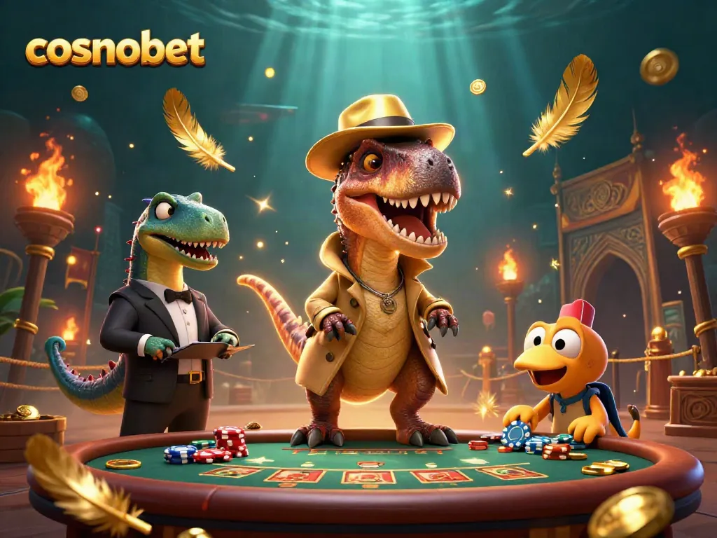 Engage with cosmobet as a cartoon velociraptor counters cards at a blackjack table amidst vibrant casino elements.