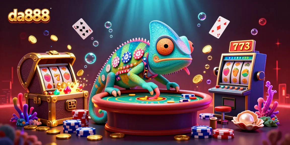 Engage with da888's vibrant casino atmosphere featuring a lively 3D chameleon owner amidst slot machines and golden coins.