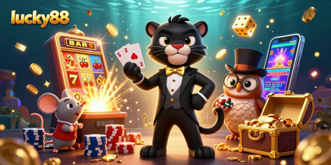 Experience lucky88 excitement with vibrant casino characters, slot machines, and poker action.