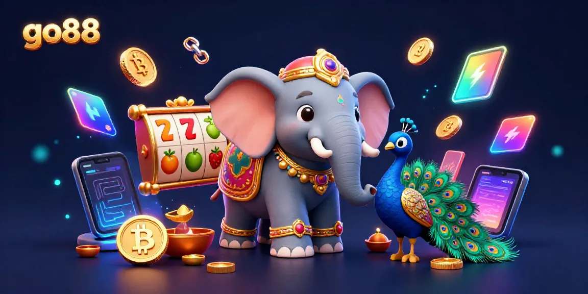 Experience gaming excitement with go88's vibrant illustration featuring 3D characters and casino elements.