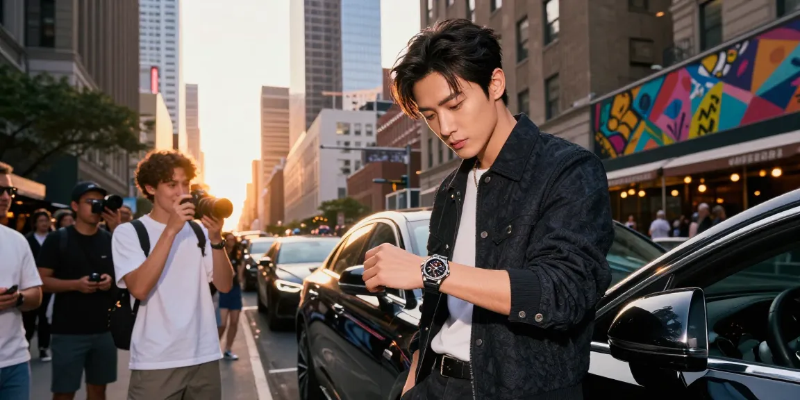 Showcasing super clone watches in a stylish urban setting during sunset, highlighting luxury and fashion.