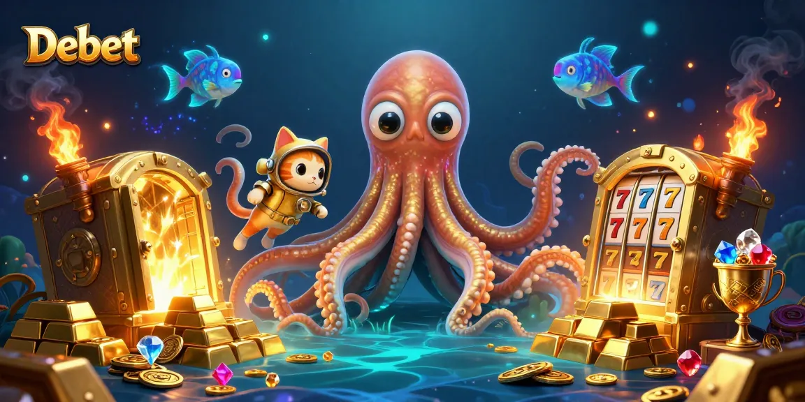 Engage with Debet's dynamic 3D casino illustration featuring a kraken, diving cat, and treasures.