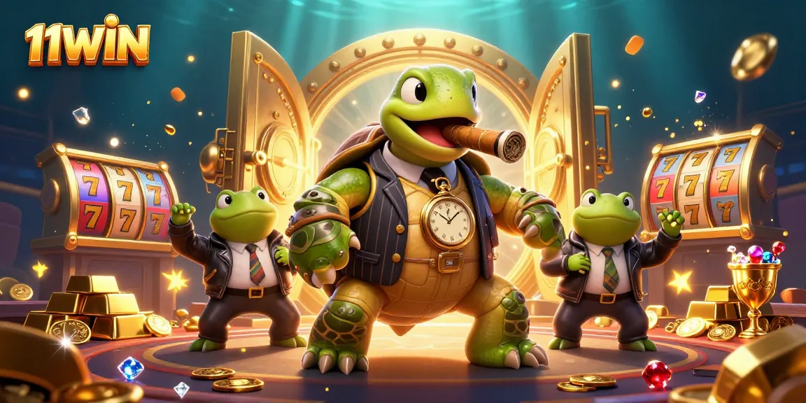 11WIN slots scene featuring a turtle mobster and bullfrog enforcers surrounded by casino riches