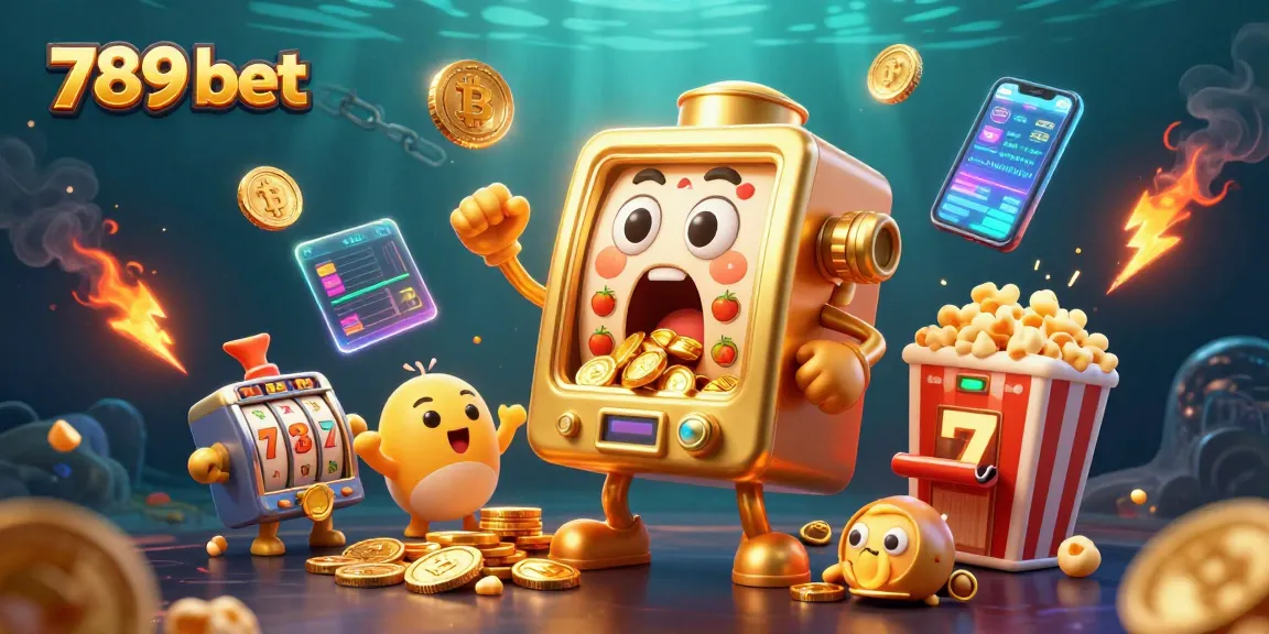 Experience excitement with 789 bet through a vibrant scene featuring a golden slot machine hitting a jackpot surrounded by cheering companions.