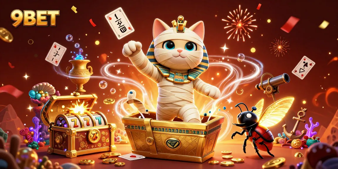 Experience the excitement of 9BET with an ancient mummy cat in a vibrant casino scene.