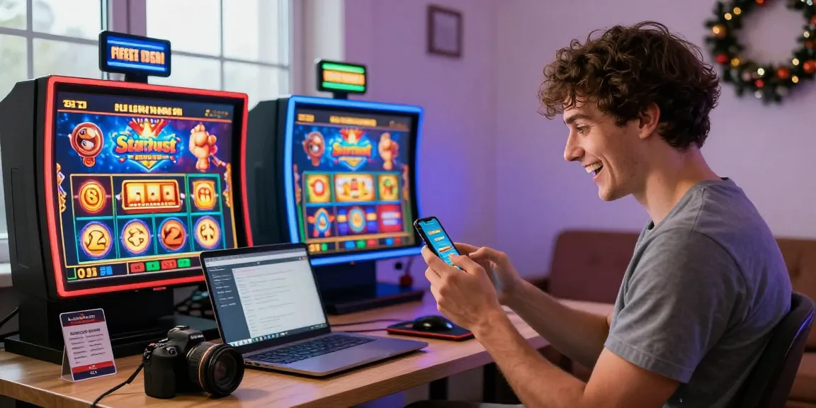 Excited player claiming free spins on registration UK in a vibrant home office, showcasing popular slot games and a responsible gambling focus.