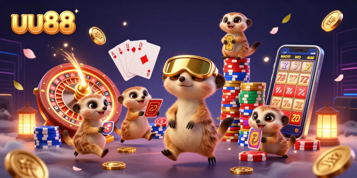 Join the fun with uu88 at a vibrant meerkat casino illustration, showcasing games and excitement.