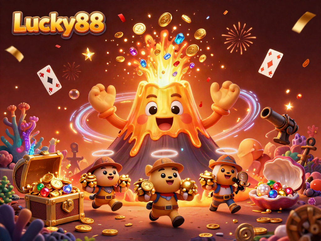 Experience Lucky88 with a golden volcano erupting coins and treasure, highlighting the thrill of winning.
