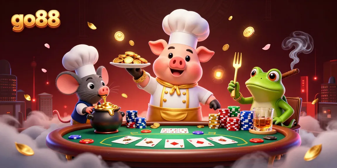 Go88 casino scene featuring a chef pig serving gold coins, a tasting mouse, and a critic frog.