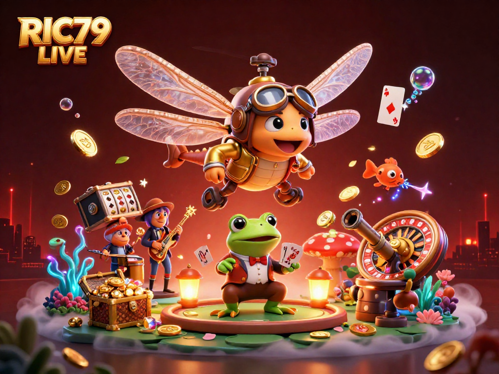 Experience the vibrant atmosphere of RIC79 LIVE with a dynamic casino scene featuring a dragonfly pilot and frog croupier.