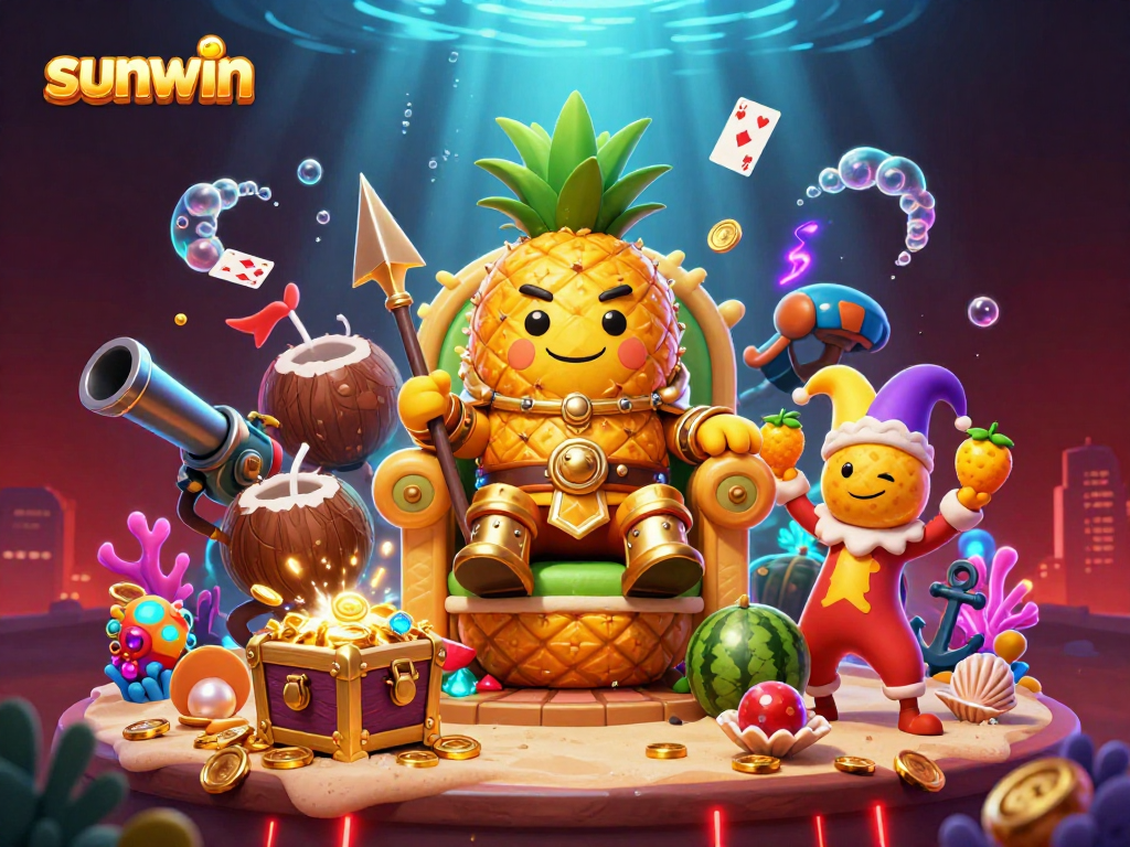 Experience fun moments at sunwin with a 3D cartoon pineapple king in a vibrant casino scene.