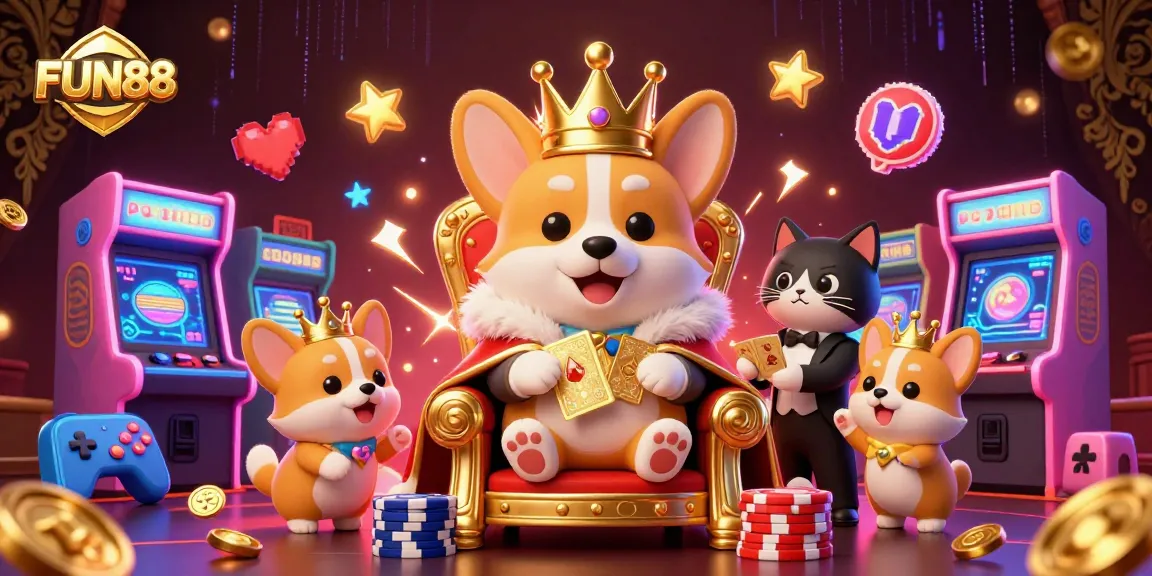 Engage with FUN88's exciting casino adventure featuring a royal corgi and vibrant gaming elements.