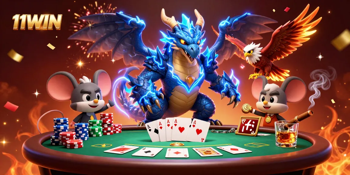 Engage in thrilling gameplay at 11WIN with a dynamic poker table scene featuring mythical creatures.