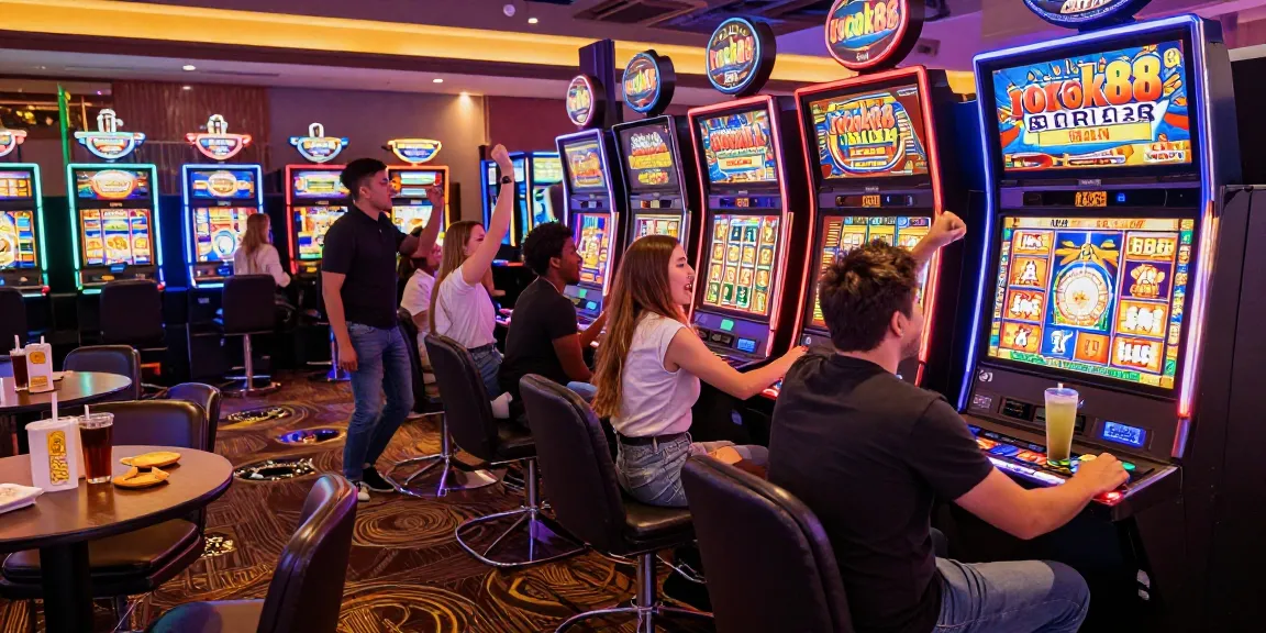 Exciting scene of friends celebrating a win at rokok88 slot machines in a vibrant casino.