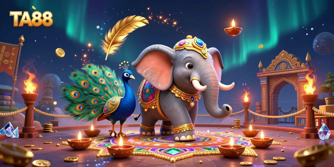 Experience thrilling gameplay with TA88, featuring a vibrant 3D elephant and peacock in a rich casino atmosphere.