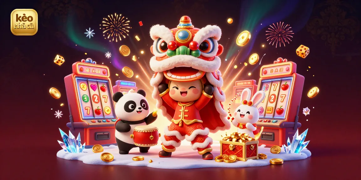 Engaging kèo nhà cái visual showcasing a lion dance, panda drummer, and firecracker rabbit with dynamic casino elements.