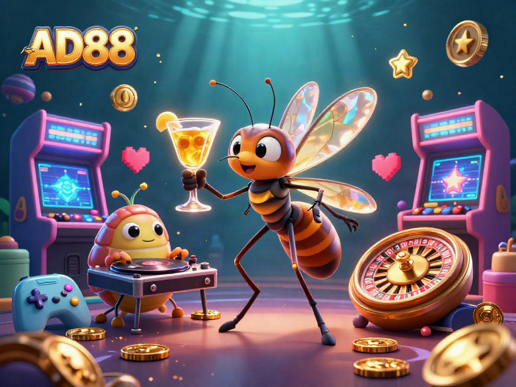 Join AD88 for a thrilling gaming experience with vibrant characters and dynamic casino elements.